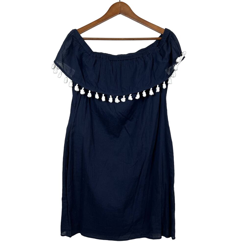 Sail to Sable Pom Pom Fringe Dress Off Shoulder Navy White - M